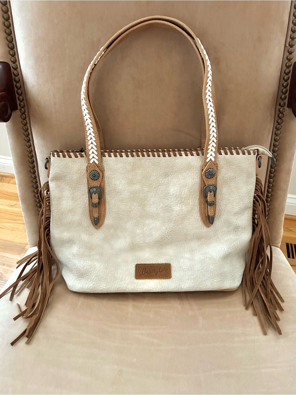 Wrangler Tan & Brown Faux Leather Braided Stitching Concho Zippered Top Tote Bag